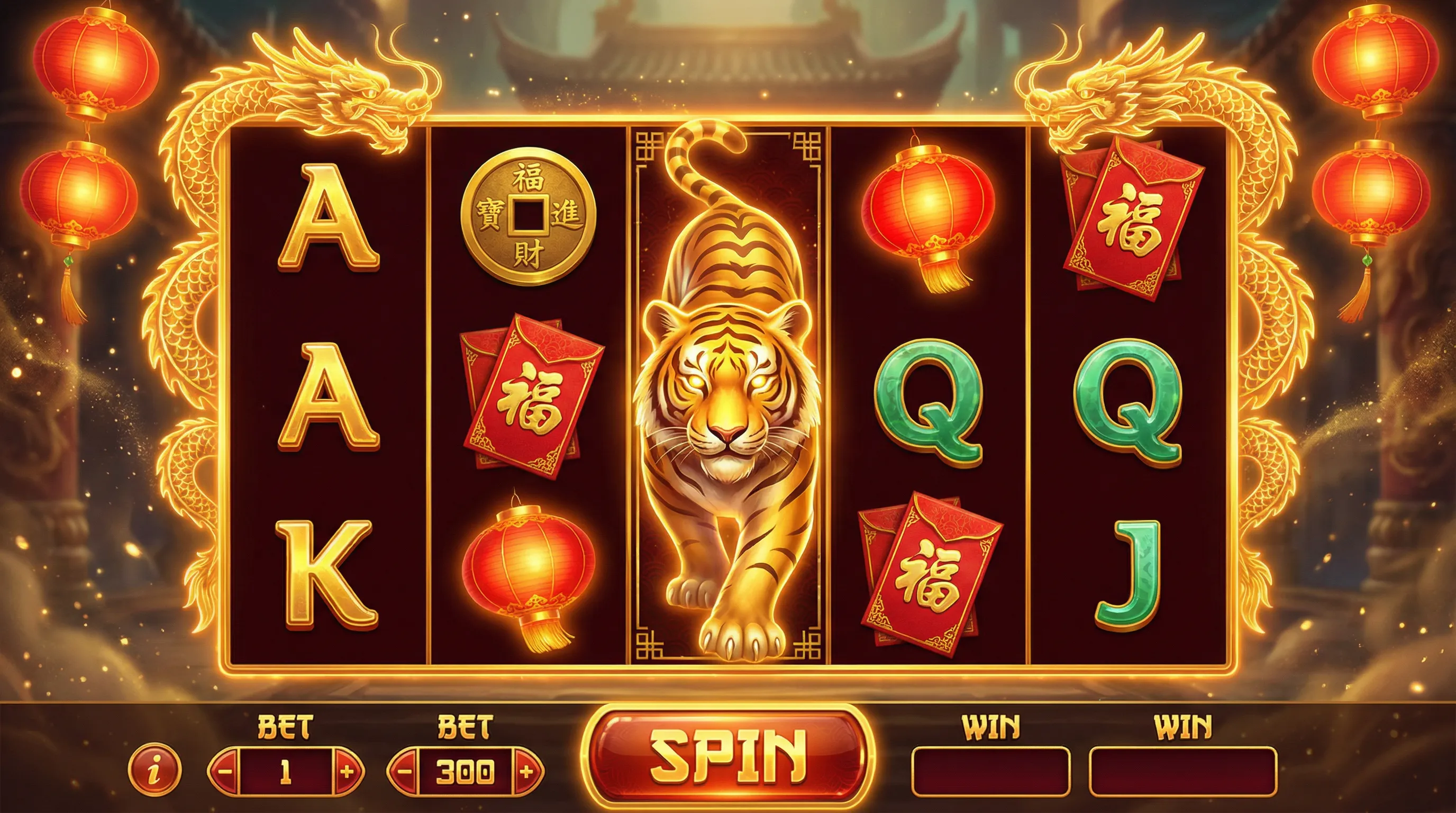 Jogo Fortune Tiger com tigre dourado e símbolos da sorte chineses